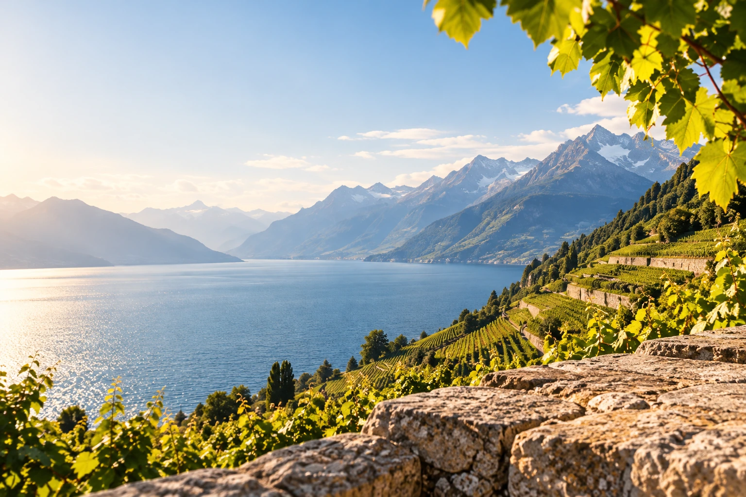 Illustrative Swiss lakeside vineyard concept; AI placeholder, not a photograph of a named estate.